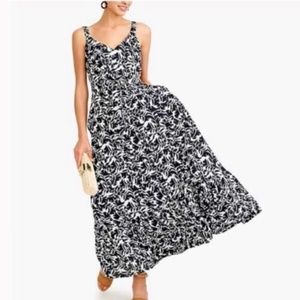 J. Crew Linen Black & White Floral Midi Ruffle Hem Dress